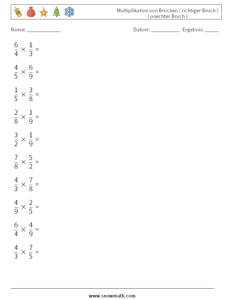 (10) Multiplikation von Brüchen ( richtiger Bruch ) ( unechter Bruch ) Mathe-Arbeitsblätter 5