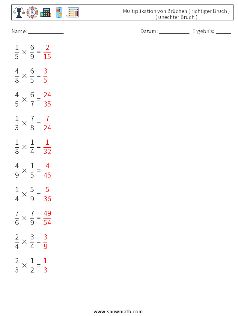 (10) Multiplikation von Brüchen ( richtiger Bruch ) ( unechter Bruch ) Mathe-Arbeitsblätter 6 Frage, Antwort