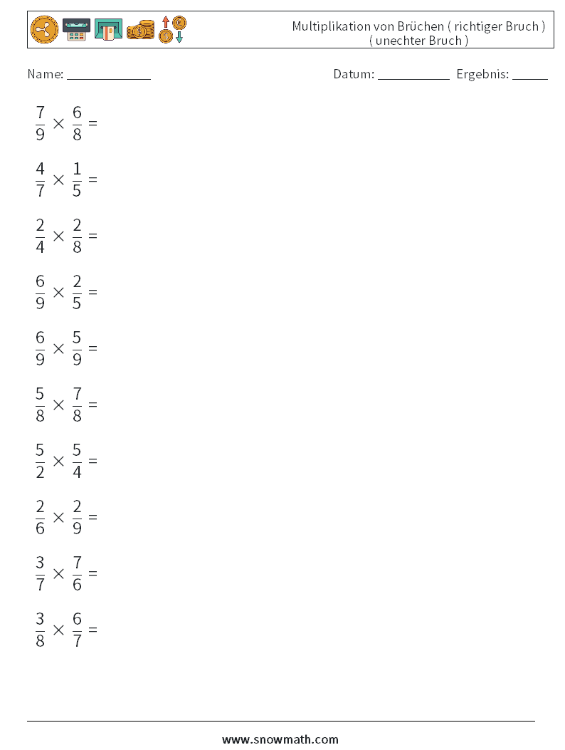 (10) Multiplikation von Brüchen ( richtiger Bruch ) ( unechter Bruch ) Mathe-Arbeitsblätter 8