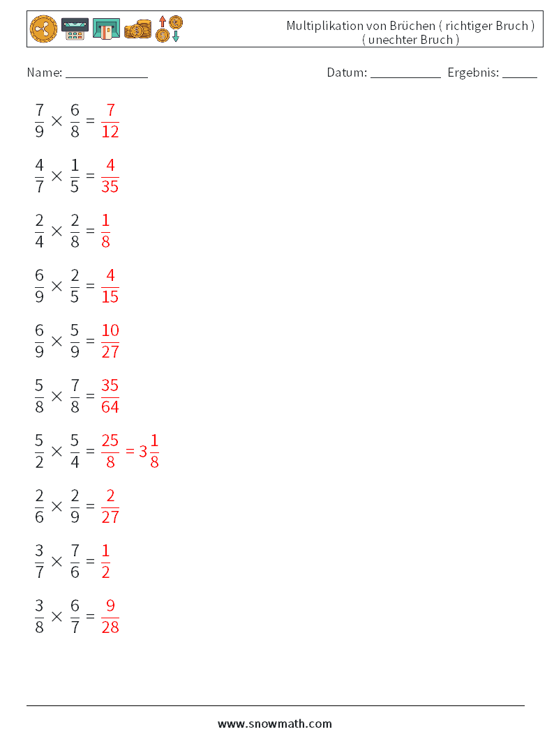 (10) Multiplikation von Brüchen ( richtiger Bruch ) ( unechter Bruch ) Mathe-Arbeitsblätter 8 Frage, Antwort