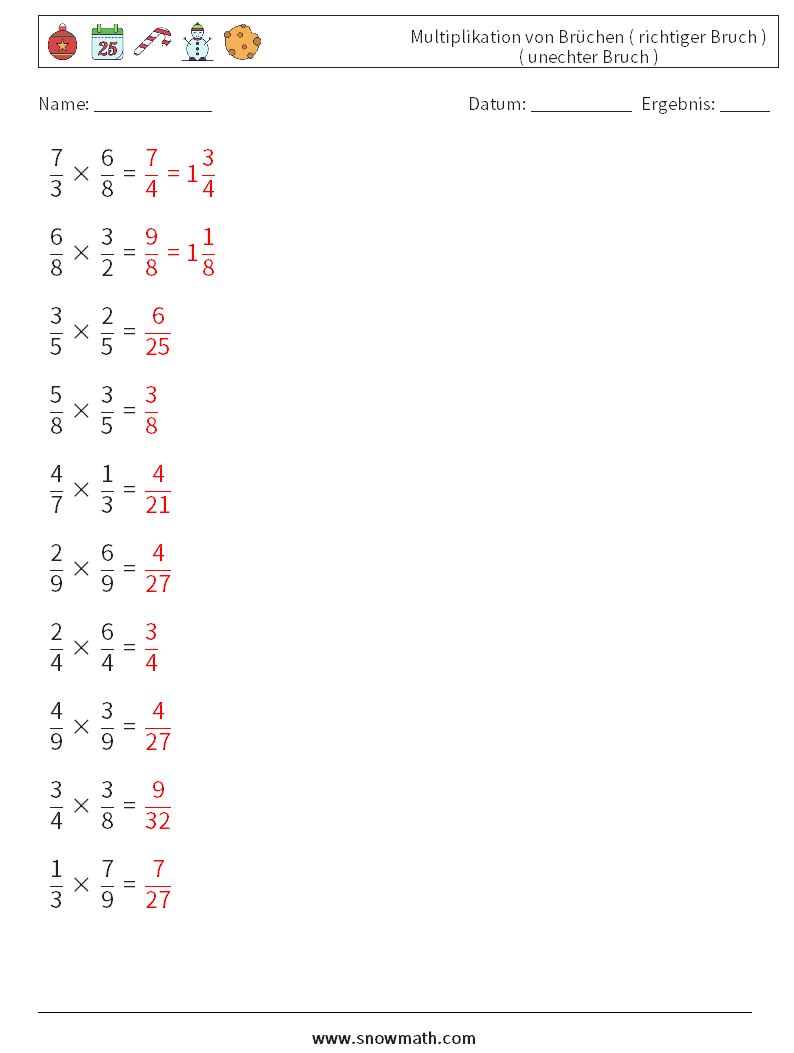 (10) Multiplikation von Brüchen ( richtiger Bruch ) ( unechter Bruch ) Mathe-Arbeitsblätter 9 Frage, Antwort