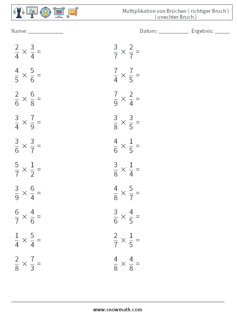 (20) Multiplikation von Brüchen ( richtiger Bruch ) ( unechter Bruch ) Mathe-Arbeitsblätter 1