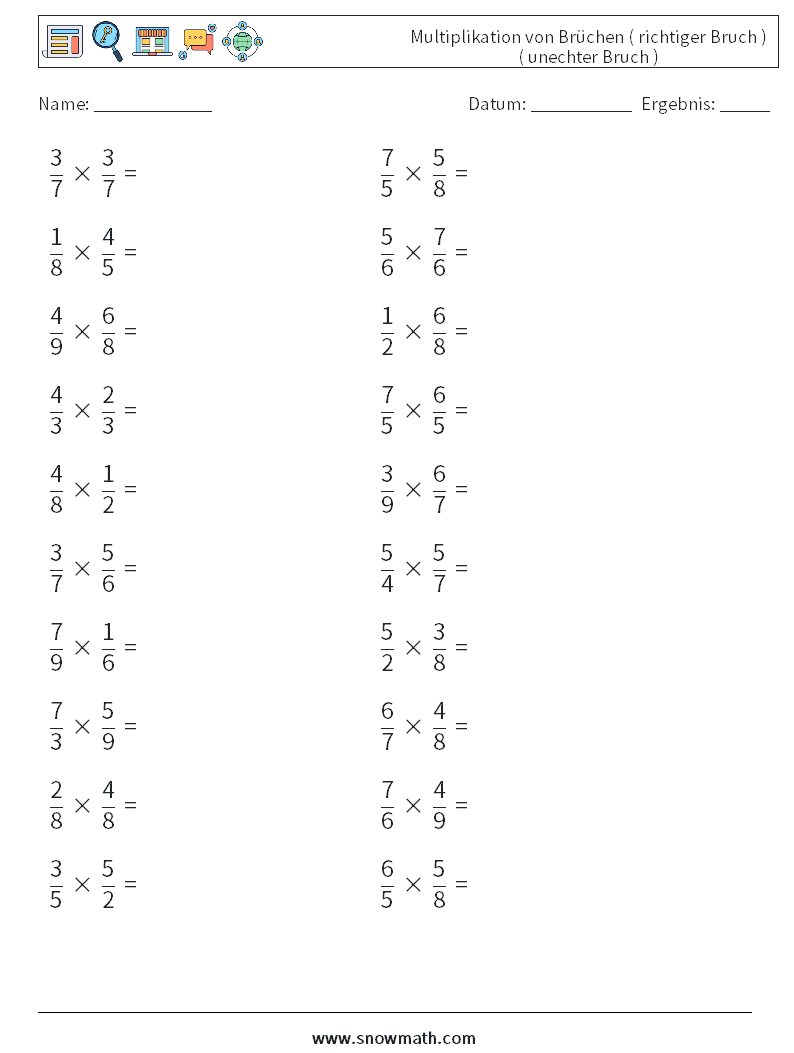 (20) Multiplikation von Brüchen ( richtiger Bruch ) ( unechter Bruch ) Mathe-Arbeitsblätter 10