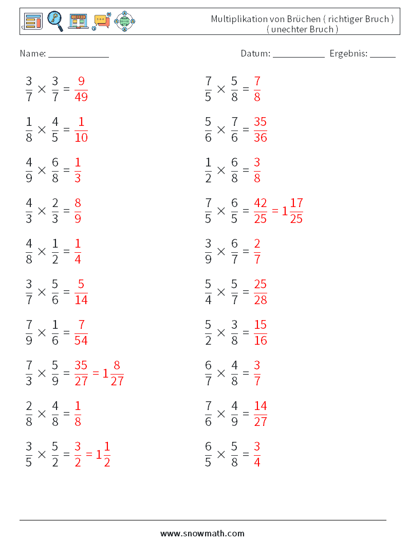 (20) Multiplikation von Brüchen ( richtiger Bruch ) ( unechter Bruch ) Mathe-Arbeitsblätter 10 Frage, Antwort