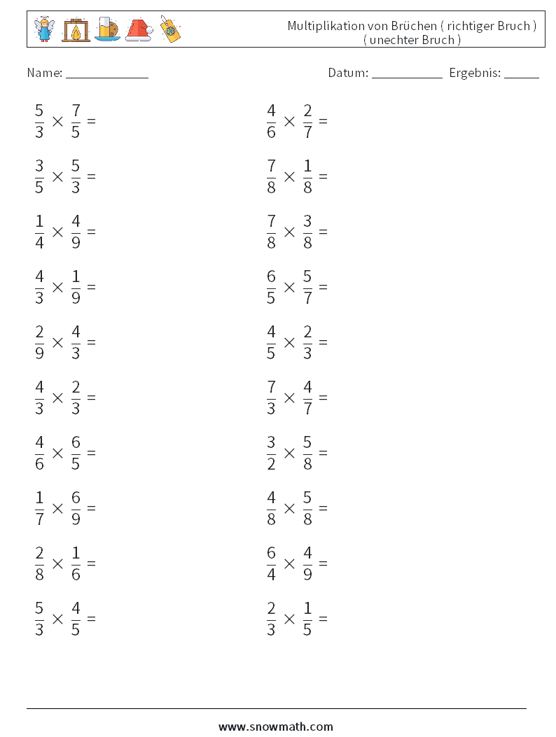 (20) Multiplikation von Brüchen ( richtiger Bruch ) ( unechter Bruch ) Mathe-Arbeitsblätter 11
