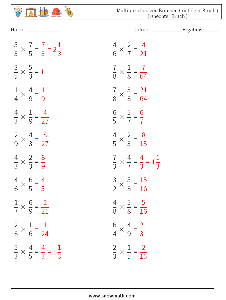 (20) Multiplikation von Brüchen ( richtiger Bruch ) ( unechter Bruch ) Mathe-Arbeitsblätter 11 Frage, Antwort
