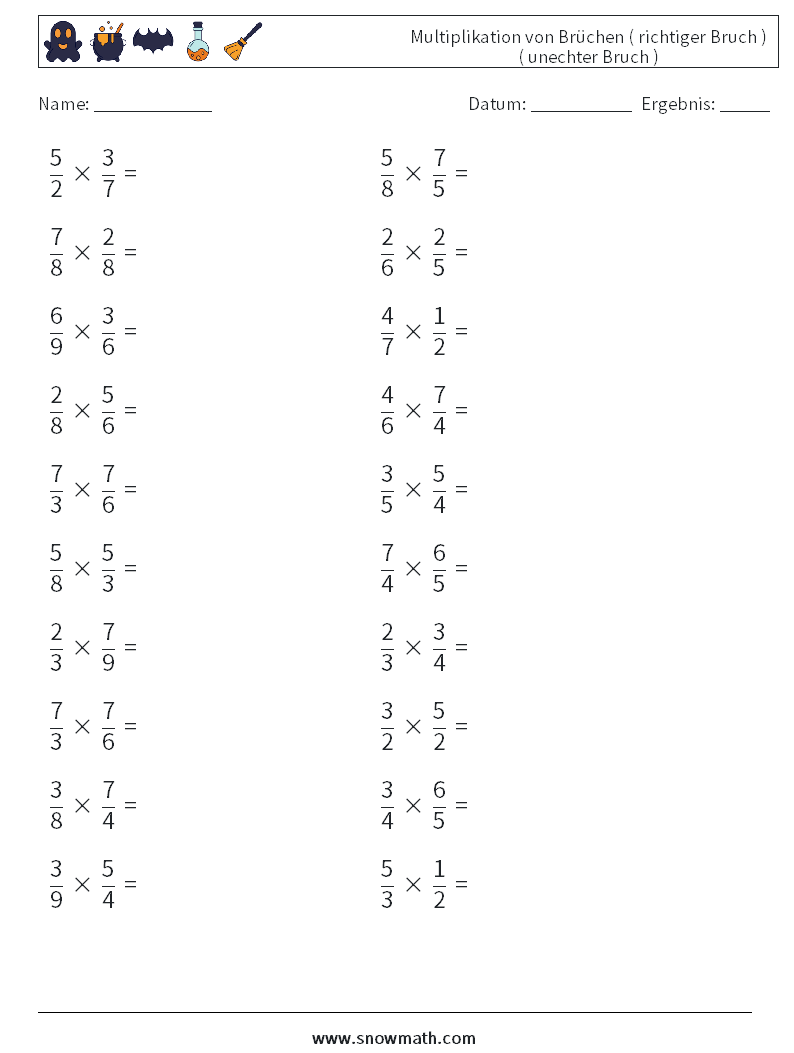 (20) Multiplikation von Brüchen ( richtiger Bruch ) ( unechter Bruch ) Mathe-Arbeitsblätter 12