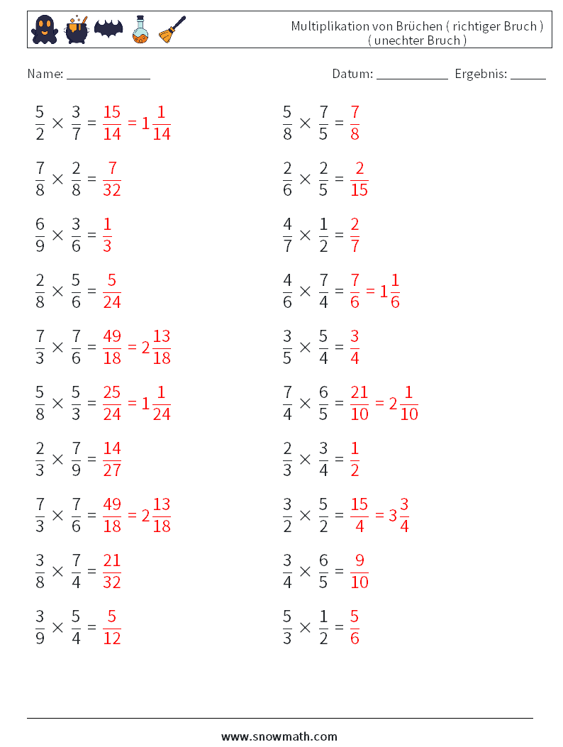 (20) Multiplikation von Brüchen ( richtiger Bruch ) ( unechter Bruch ) Mathe-Arbeitsblätter 12 Frage, Antwort