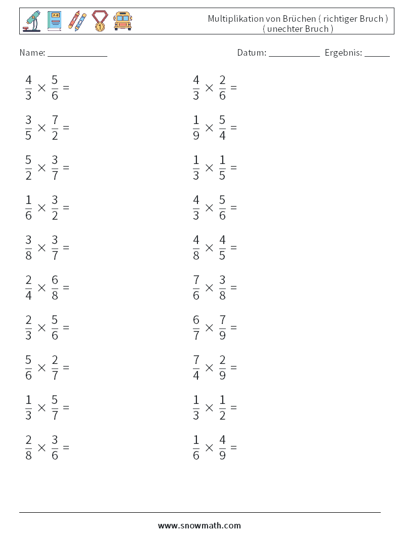 (20) Multiplikation von Brüchen ( richtiger Bruch ) ( unechter Bruch ) Mathe-Arbeitsblätter 13