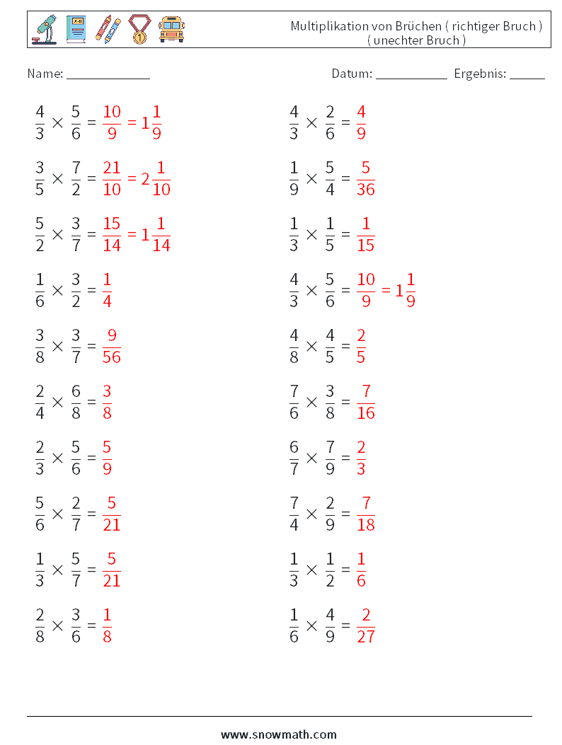 (20) Multiplikation von Brüchen ( richtiger Bruch ) ( unechter Bruch ) Mathe-Arbeitsblätter 13 Frage, Antwort
