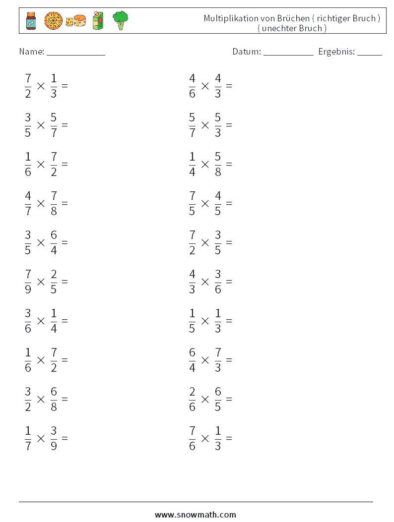 (20) Multiplikation von Brüchen ( richtiger Bruch ) ( unechter Bruch ) Mathe-Arbeitsblätter 14