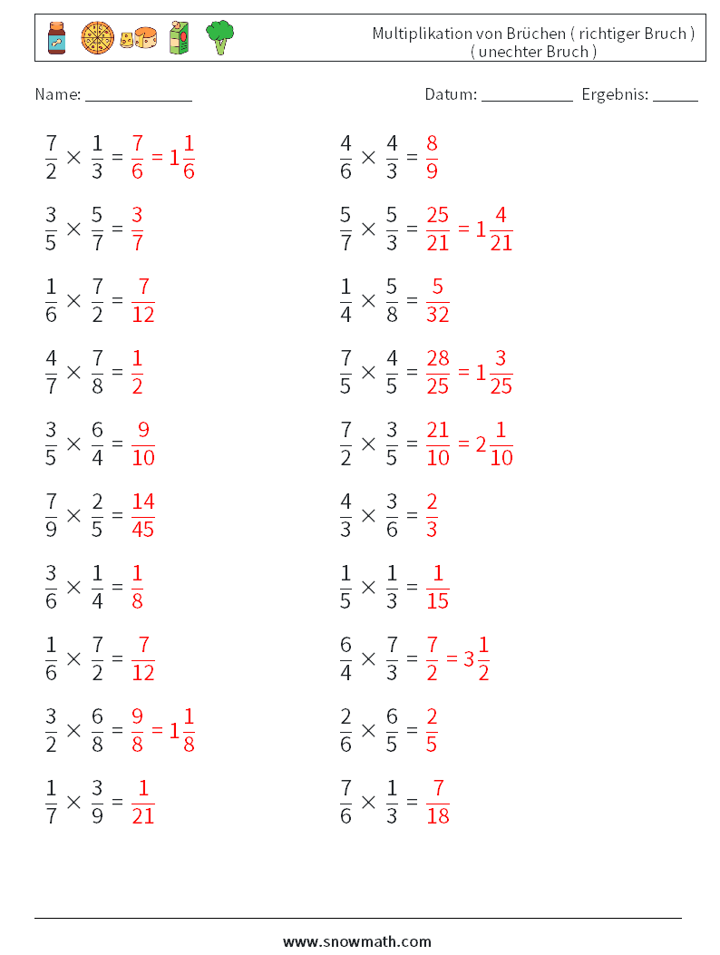 (20) Multiplikation von Brüchen ( richtiger Bruch ) ( unechter Bruch ) Mathe-Arbeitsblätter 14 Frage, Antwort