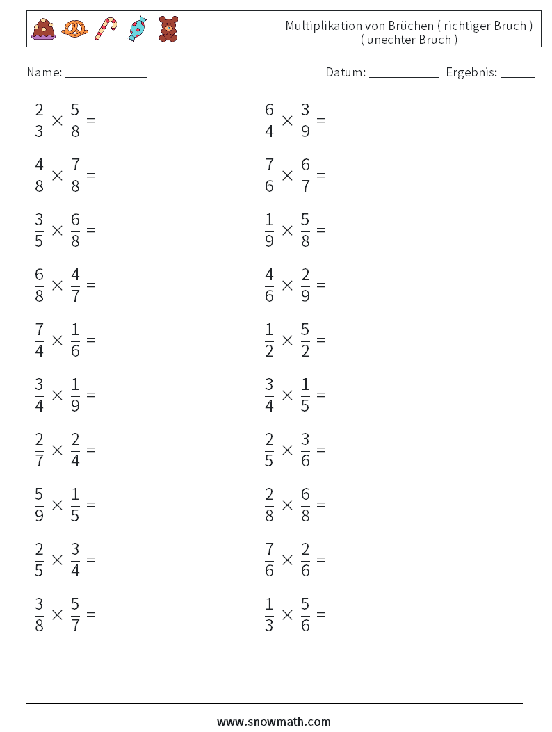 (20) Multiplikation von Brüchen ( richtiger Bruch ) ( unechter Bruch ) Mathe-Arbeitsblätter 15