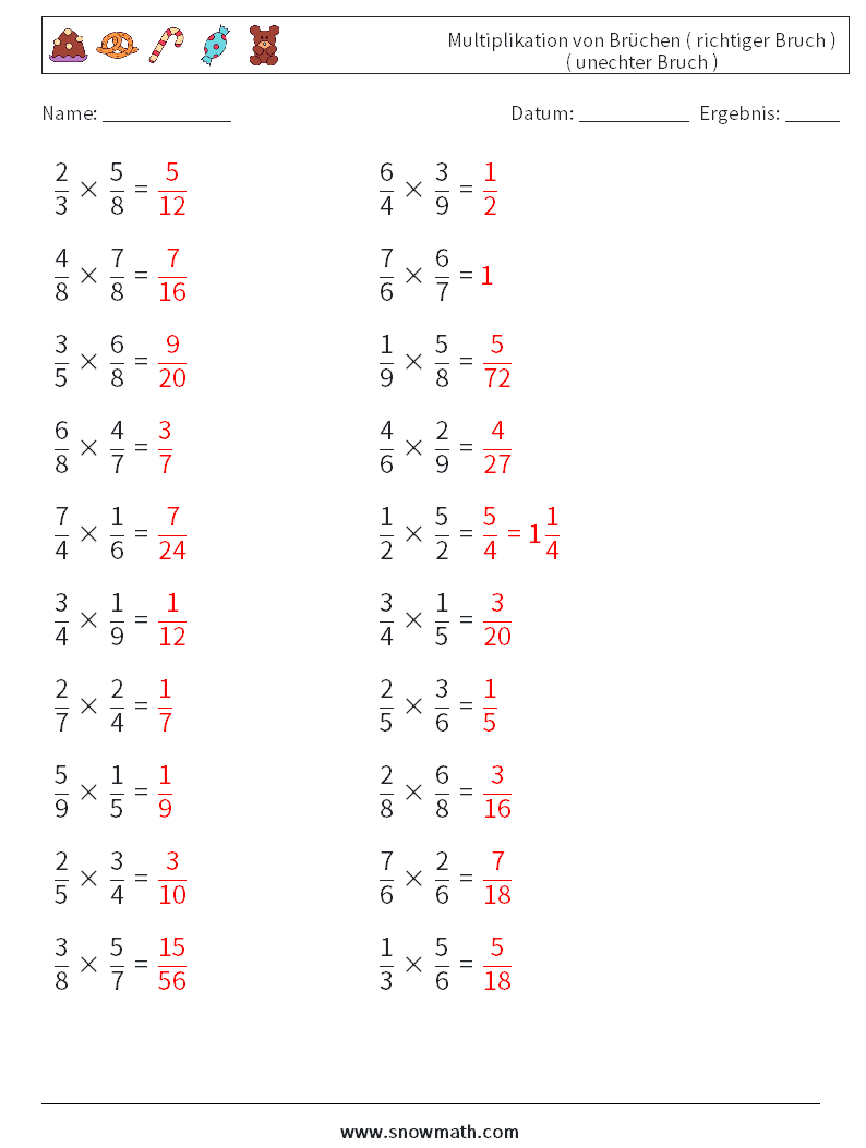 (20) Multiplikation von Brüchen ( richtiger Bruch ) ( unechter Bruch ) Mathe-Arbeitsblätter 15 Frage, Antwort