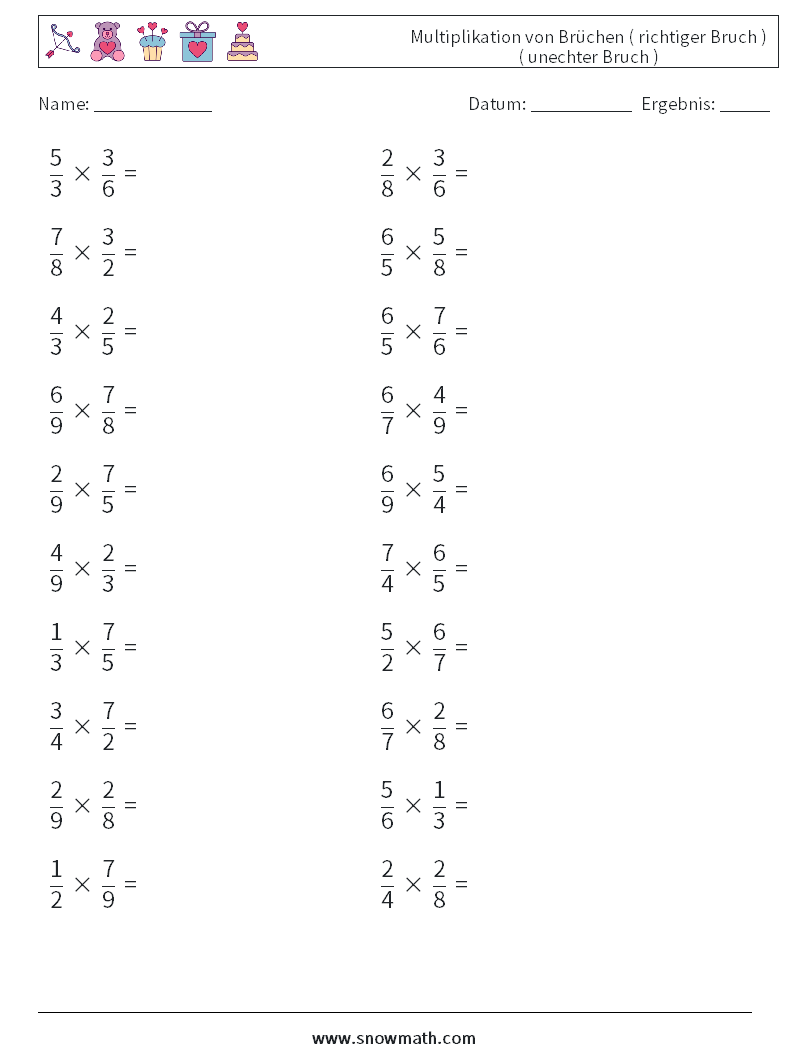 (20) Multiplikation von Brüchen ( richtiger Bruch ) ( unechter Bruch ) Mathe-Arbeitsblätter 16