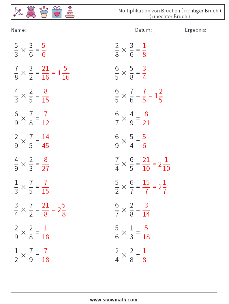 (20) Multiplikation von Brüchen ( richtiger Bruch ) ( unechter Bruch ) Mathe-Arbeitsblätter 16 Frage, Antwort
