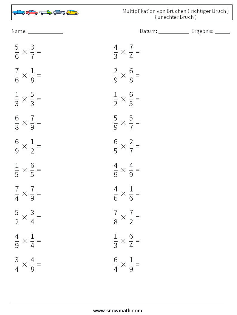 (20) Multiplikation von Brüchen ( richtiger Bruch ) ( unechter Bruch ) Mathe-Arbeitsblätter 17
