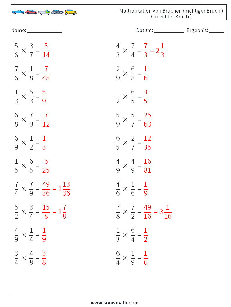 (20) Multiplikation von Brüchen ( richtiger Bruch ) ( unechter Bruch ) Mathe-Arbeitsblätter 17 Frage, Antwort