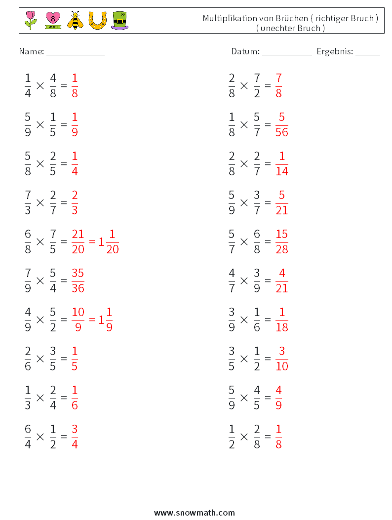 (20) Multiplikation von Brüchen ( richtiger Bruch ) ( unechter Bruch ) Mathe-Arbeitsblätter 18 Frage, Antwort