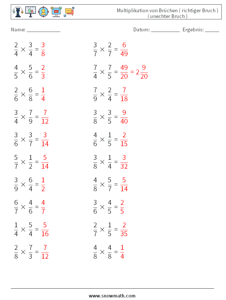 (20) Multiplikation von Brüchen ( richtiger Bruch ) ( unechter Bruch ) Mathe-Arbeitsblätter 1 Frage, Antwort