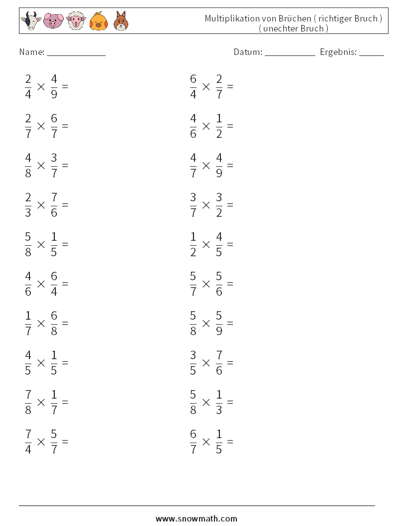 (20) Multiplikation von Brüchen ( richtiger Bruch ) ( unechter Bruch ) Mathe-Arbeitsblätter 2