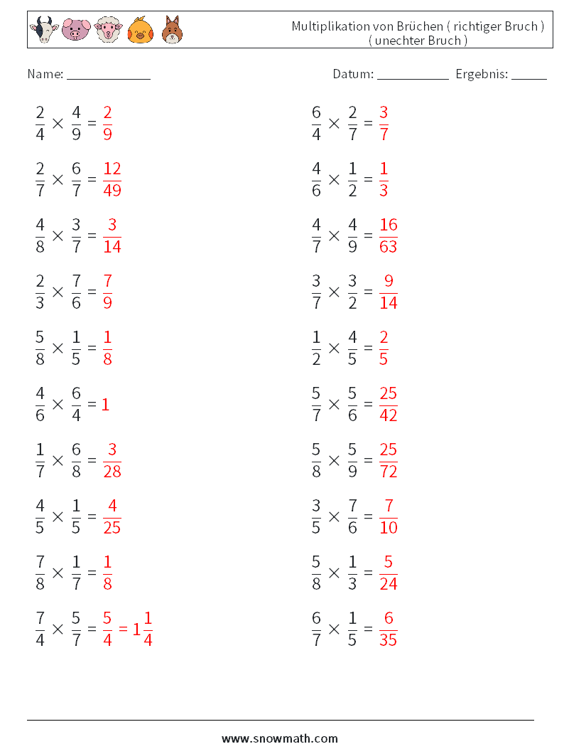 (20) Multiplikation von Brüchen ( richtiger Bruch ) ( unechter Bruch ) Mathe-Arbeitsblätter 2 Frage, Antwort