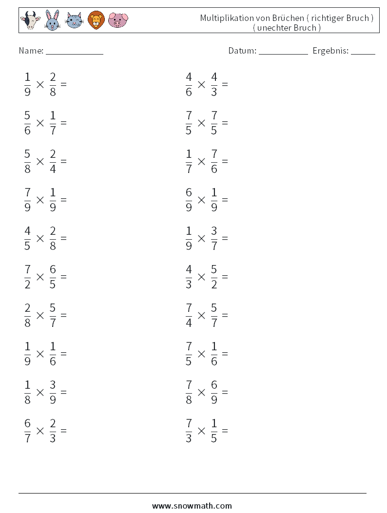 (20) Multiplikation von Brüchen ( richtiger Bruch ) ( unechter Bruch ) Mathe-Arbeitsblätter 3