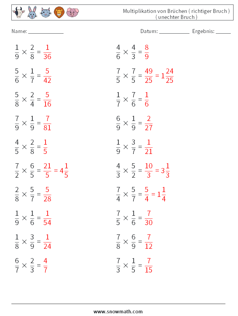 (20) Multiplikation von Brüchen ( richtiger Bruch ) ( unechter Bruch ) Mathe-Arbeitsblätter 3 Frage, Antwort