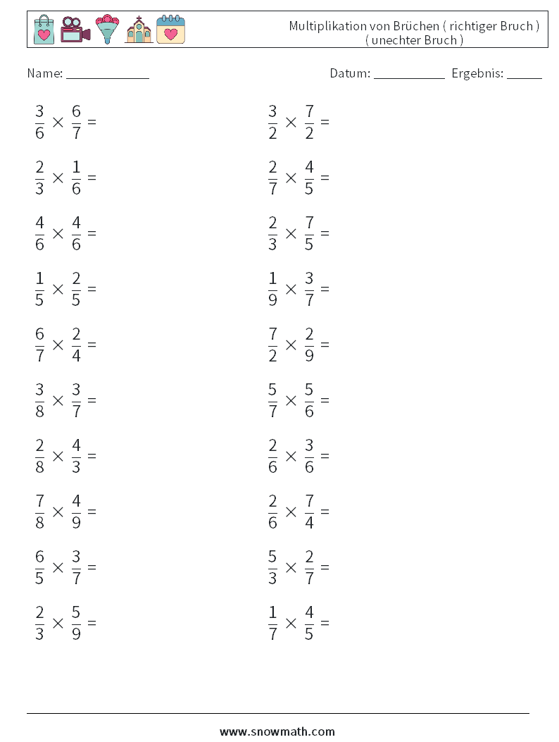 (20) Multiplikation von Brüchen ( richtiger Bruch ) ( unechter Bruch ) Mathe-Arbeitsblätter 4