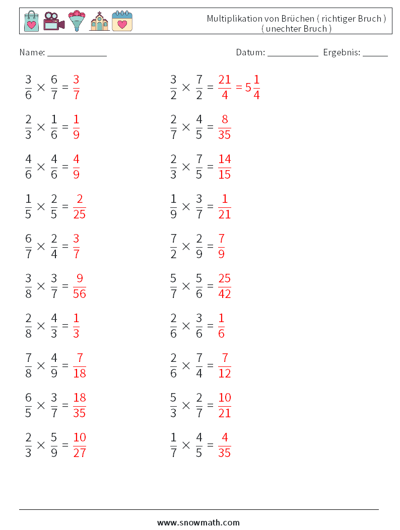 (20) Multiplikation von Brüchen ( richtiger Bruch ) ( unechter Bruch ) Mathe-Arbeitsblätter 4 Frage, Antwort