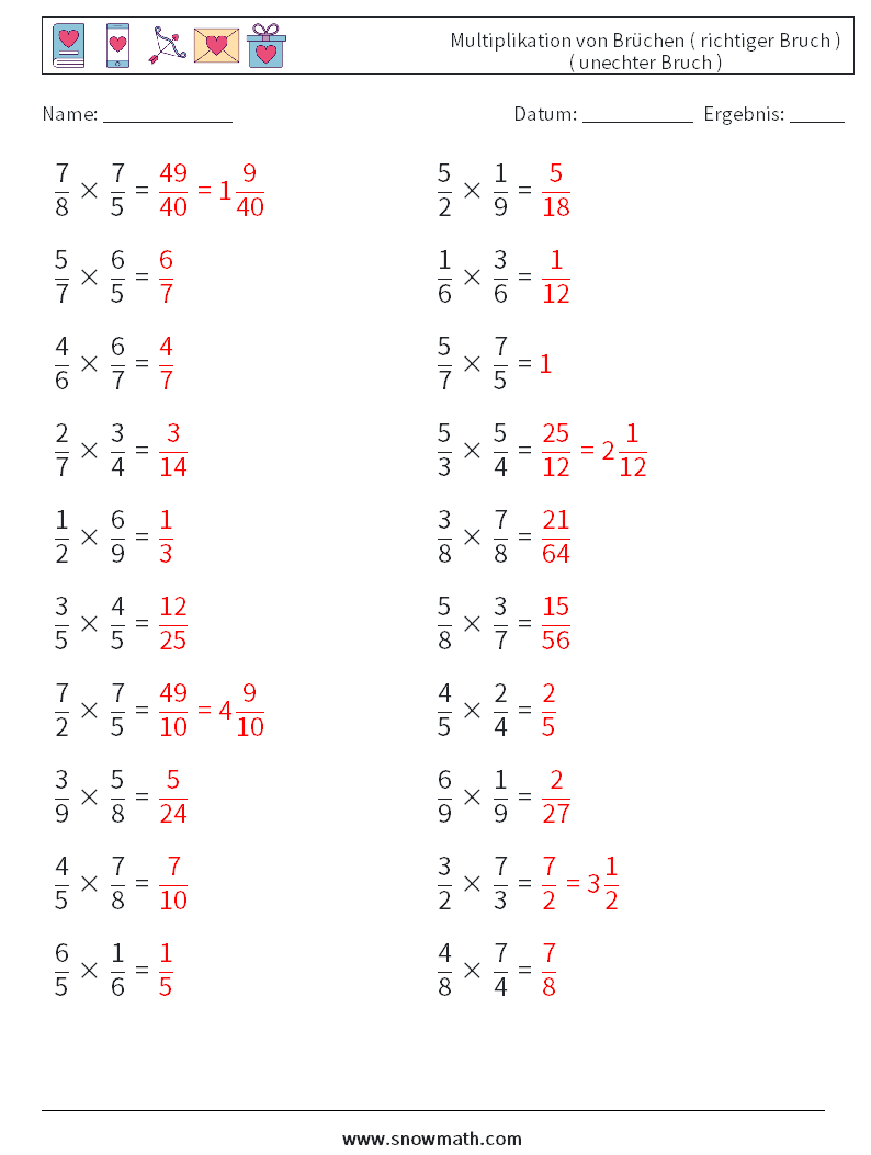 (20) Multiplikation von Brüchen ( richtiger Bruch ) ( unechter Bruch ) Mathe-Arbeitsblätter 5 Frage, Antwort