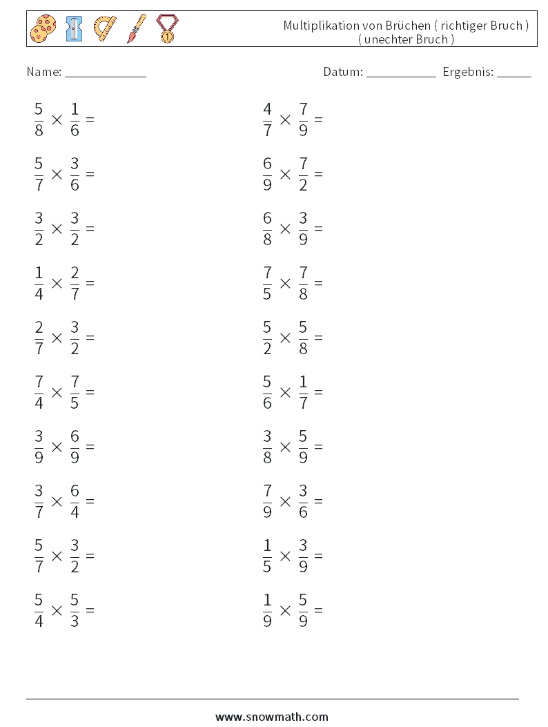 (20) Multiplikation von Brüchen ( richtiger Bruch ) ( unechter Bruch ) Mathe-Arbeitsblätter 6
