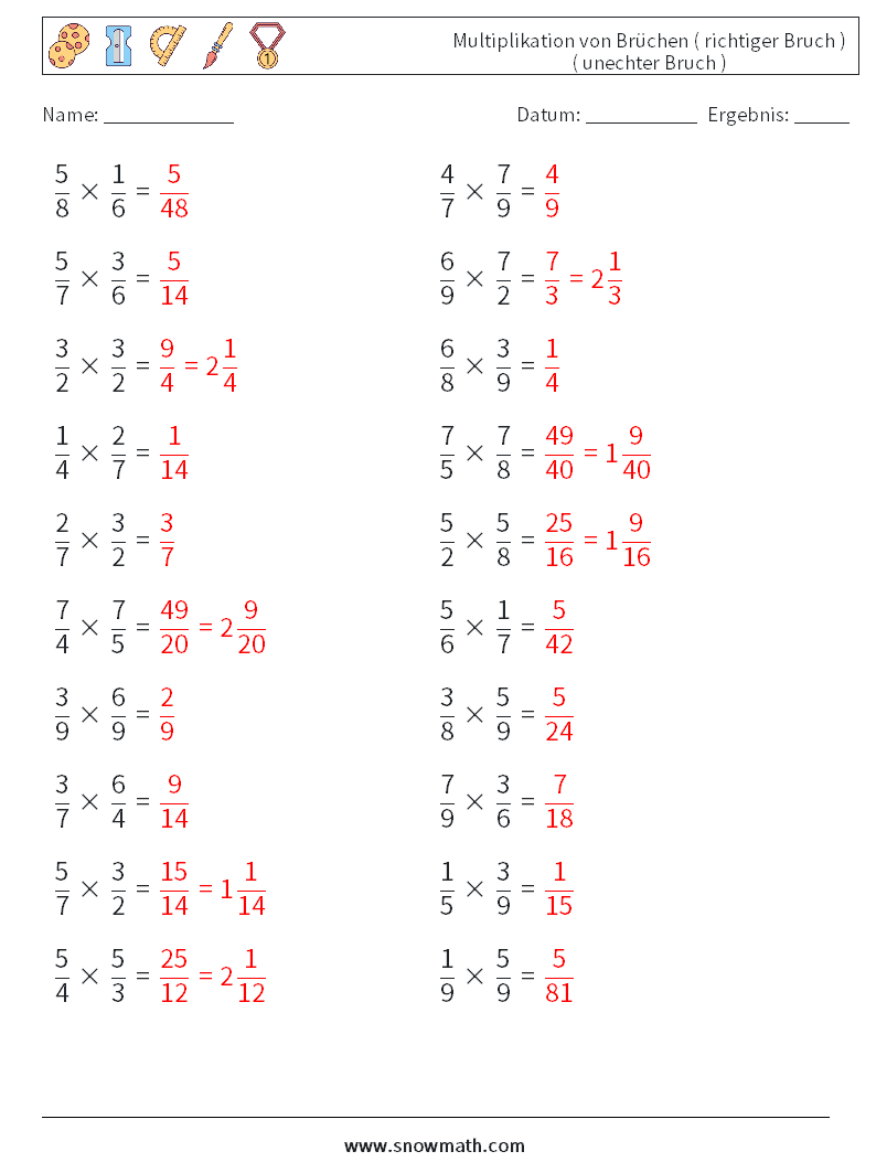 (20) Multiplikation von Brüchen ( richtiger Bruch ) ( unechter Bruch ) Mathe-Arbeitsblätter 6 Frage, Antwort