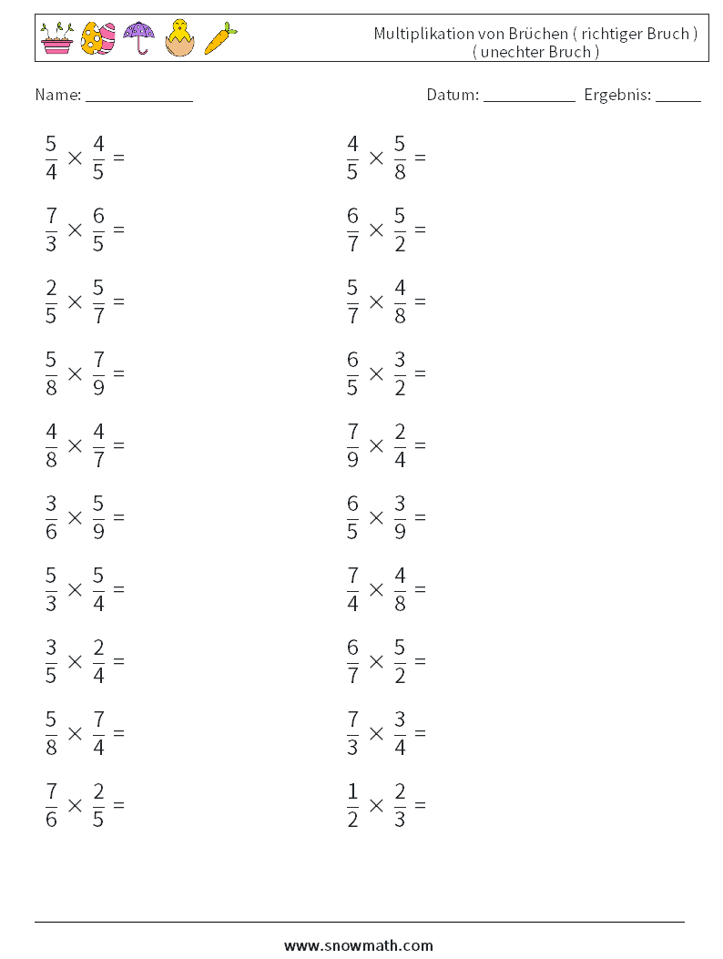 (20) Multiplikation von Brüchen ( richtiger Bruch ) ( unechter Bruch ) Mathe-Arbeitsblätter 7