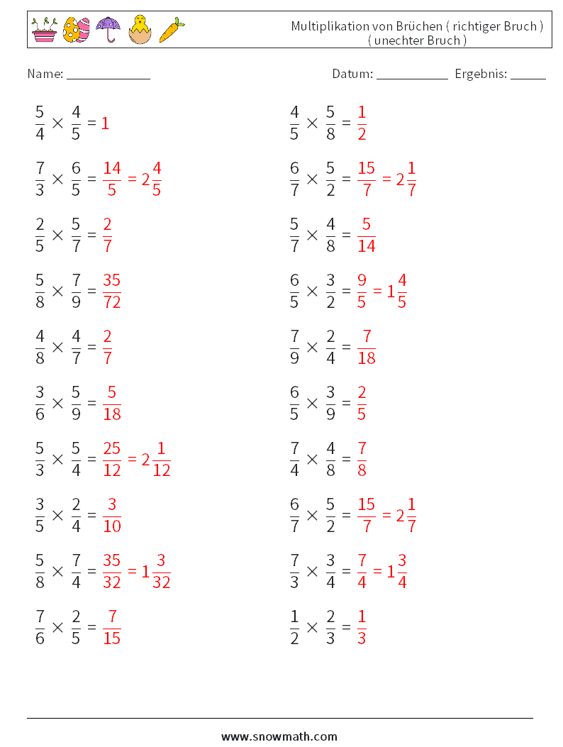 (20) Multiplikation von Brüchen ( richtiger Bruch ) ( unechter Bruch ) Mathe-Arbeitsblätter 7 Frage, Antwort