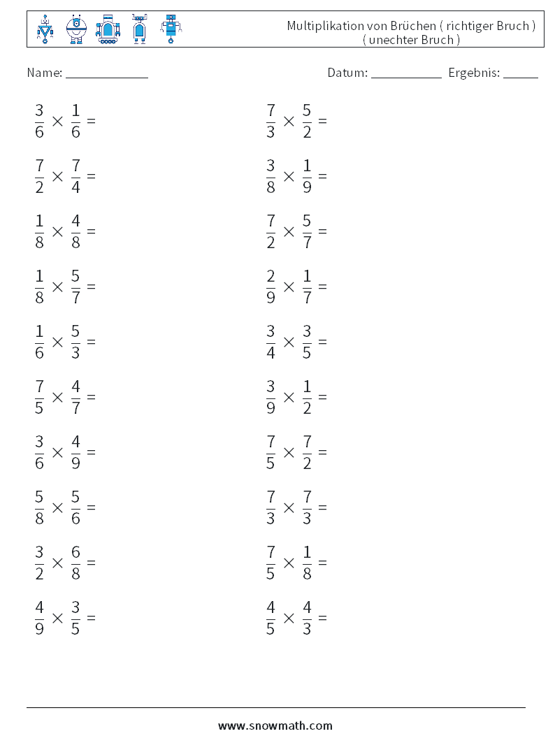 (20) Multiplikation von Brüchen ( richtiger Bruch ) ( unechter Bruch ) Mathe-Arbeitsblätter 8
