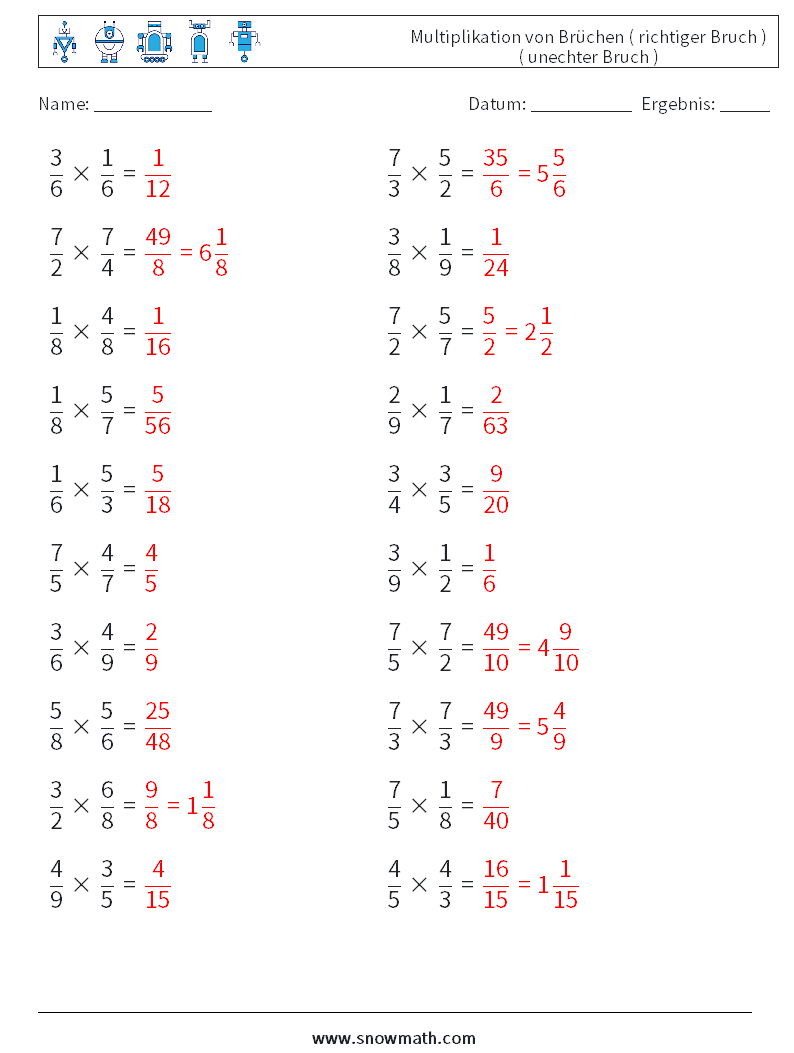 (20) Multiplikation von Brüchen ( richtiger Bruch ) ( unechter Bruch ) Mathe-Arbeitsblätter 8 Frage, Antwort