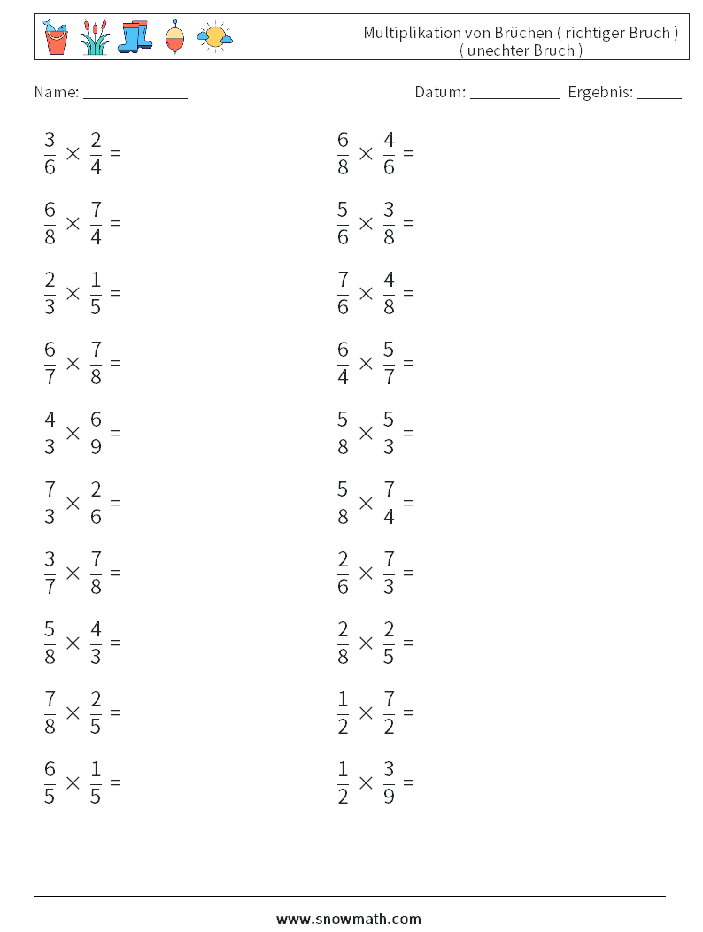 (20) Multiplikation von Brüchen ( richtiger Bruch ) ( unechter Bruch ) Mathe-Arbeitsblätter 9