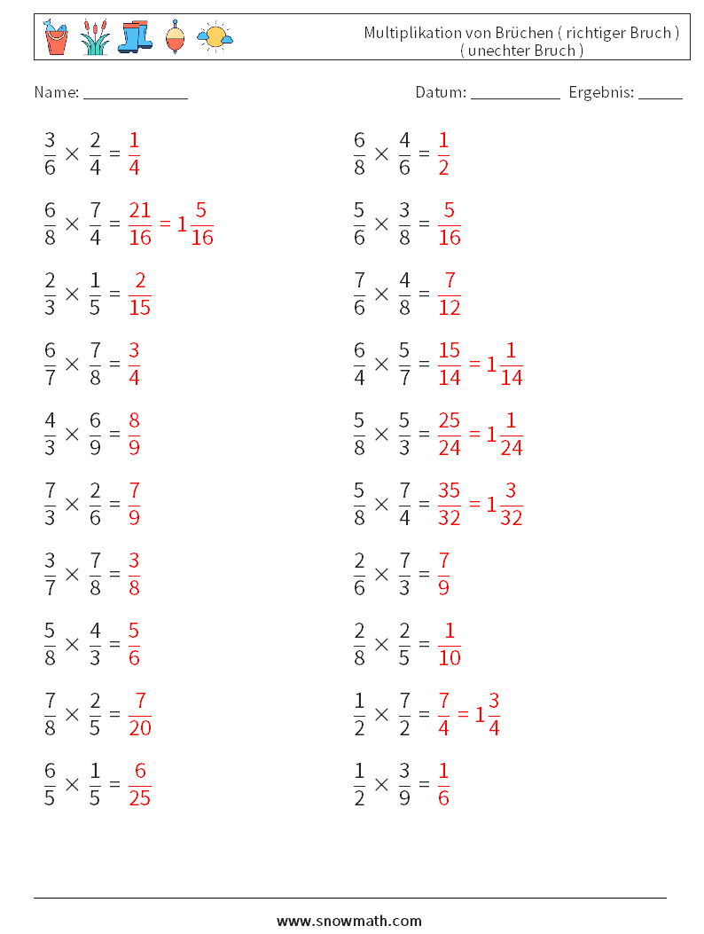 (20) Multiplikation von Brüchen ( richtiger Bruch ) ( unechter Bruch ) Mathe-Arbeitsblätter 9 Frage, Antwort