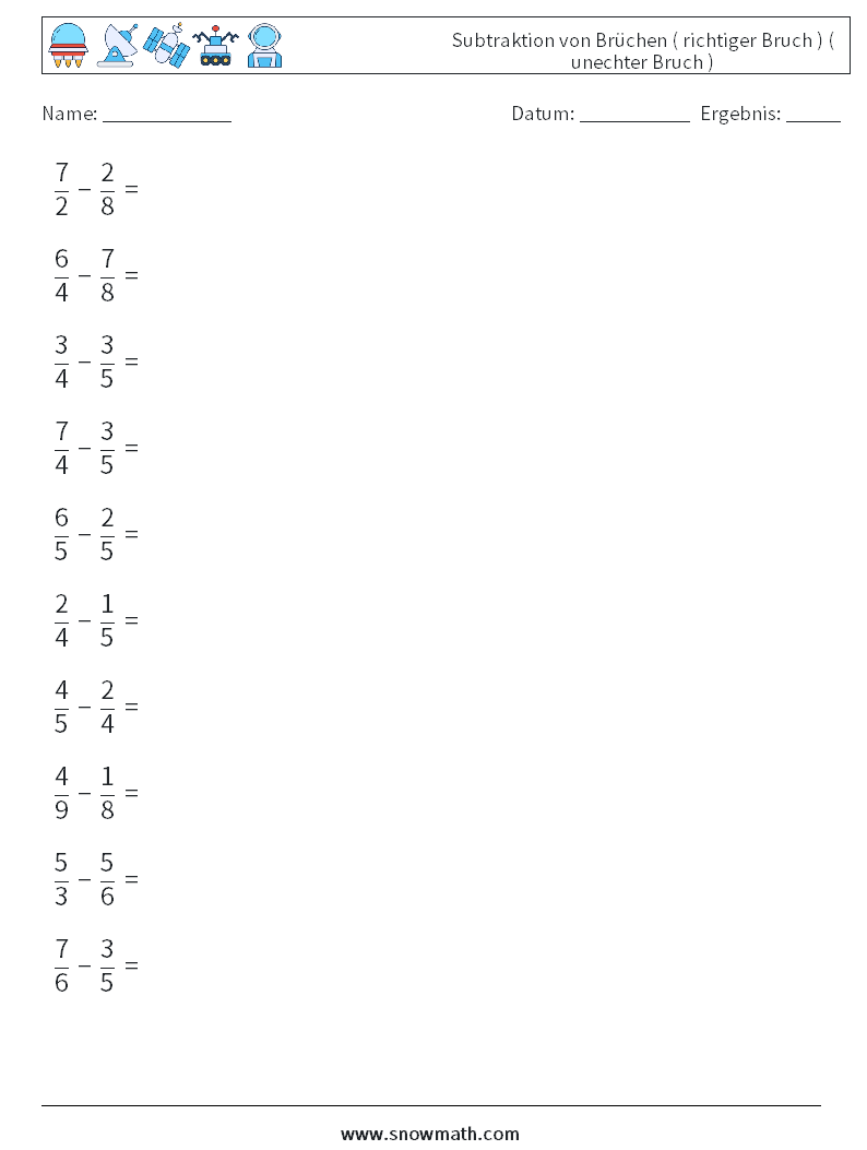 (10) Subtraktion von Brüchen ( richtiger Bruch ) ( unechter Bruch ) Mathe-Arbeitsblätter 1