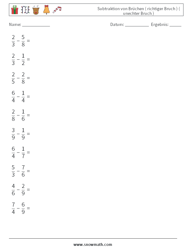 (10) Subtraktion von Brüchen ( richtiger Bruch ) ( unechter Bruch ) Mathe-Arbeitsblätter 10