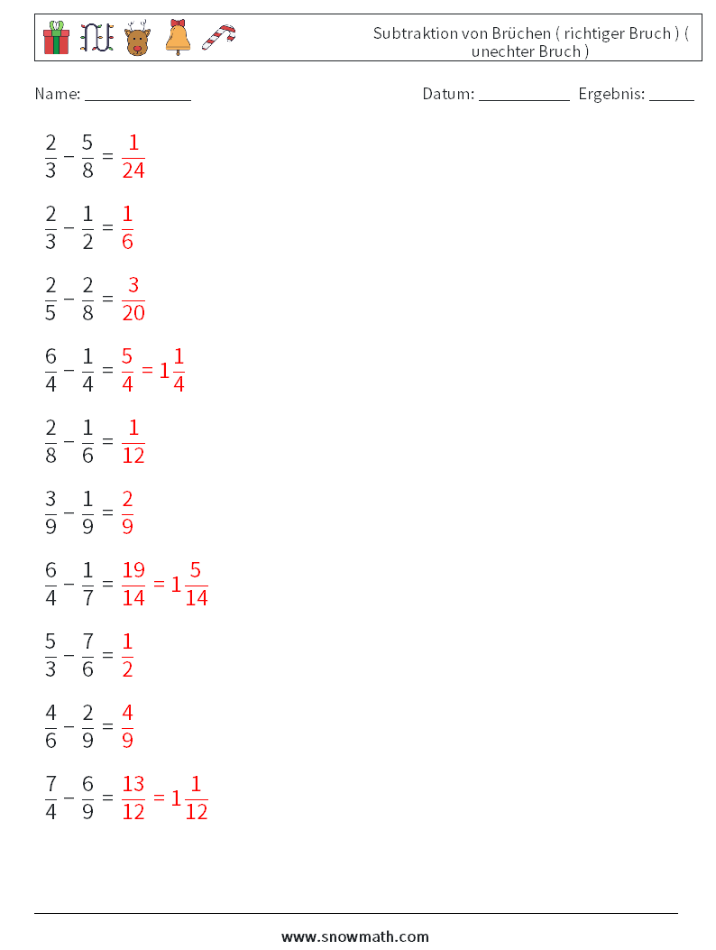 (10) Subtraktion von Brüchen ( richtiger Bruch ) ( unechter Bruch ) Mathe-Arbeitsblätter 10 Frage, Antwort