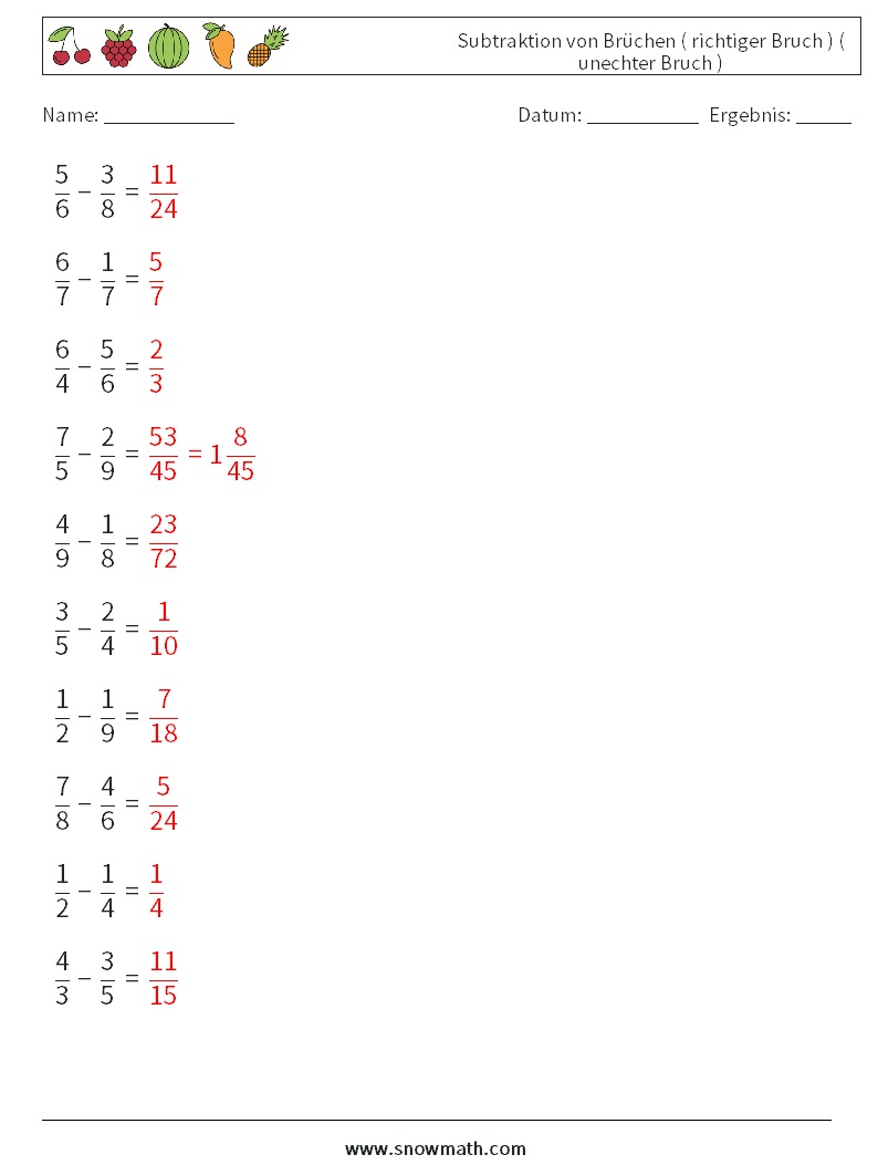 (10) Subtraktion von Brüchen ( richtiger Bruch ) ( unechter Bruch ) Mathe-Arbeitsblätter 11 Frage, Antwort