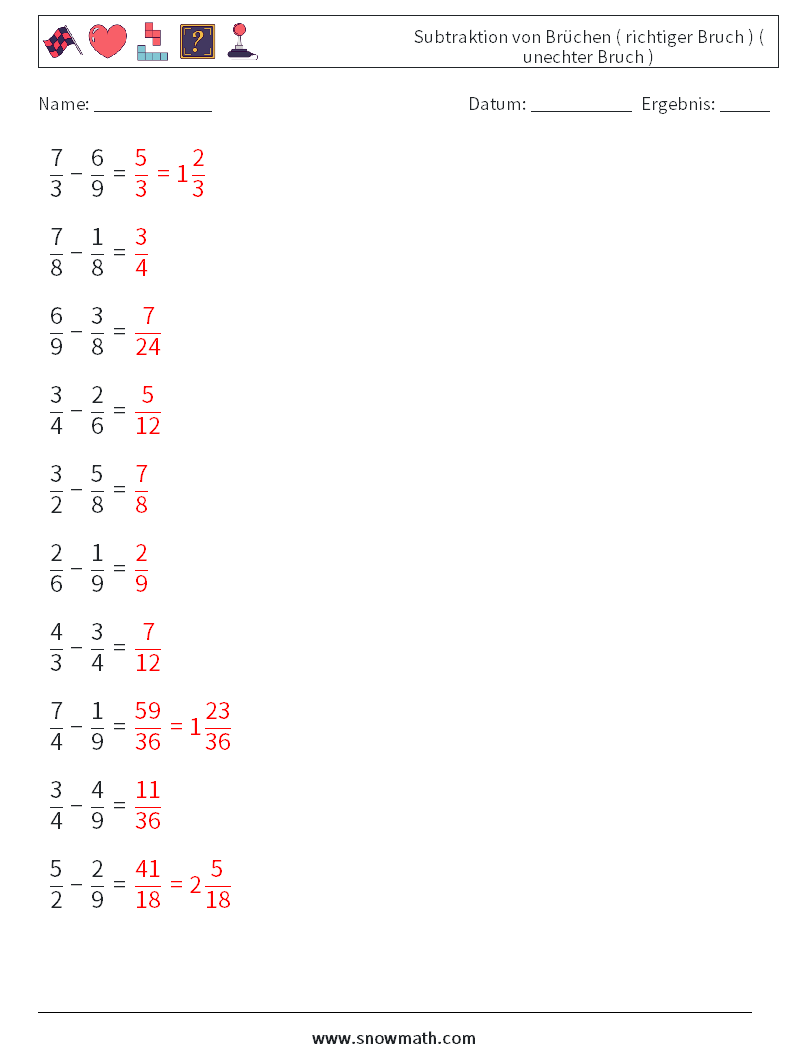 (10) Subtraktion von Brüchen ( richtiger Bruch ) ( unechter Bruch ) Mathe-Arbeitsblätter 12 Frage, Antwort