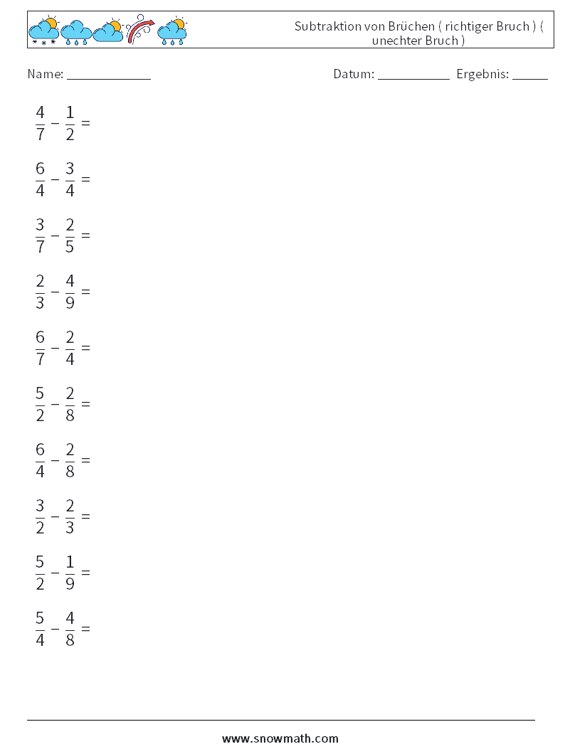 (10) Subtraktion von Brüchen ( richtiger Bruch ) ( unechter Bruch ) Mathe-Arbeitsblätter 13