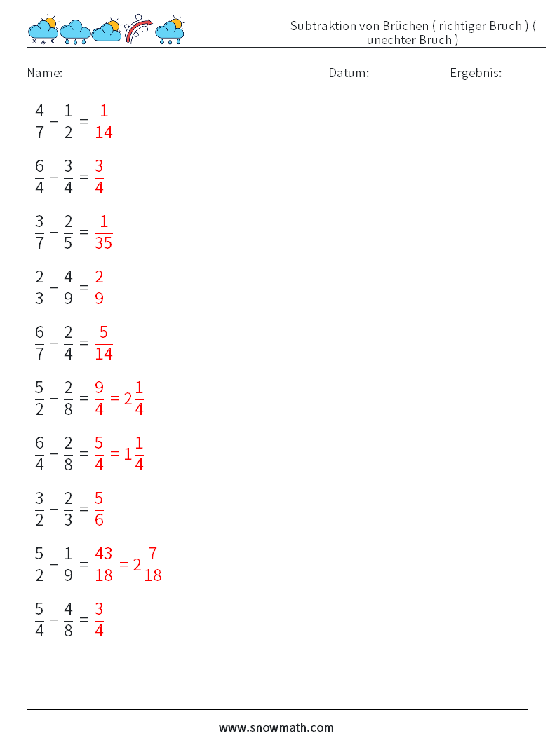 (10) Subtraktion von Brüchen ( richtiger Bruch ) ( unechter Bruch ) Mathe-Arbeitsblätter 13 Frage, Antwort