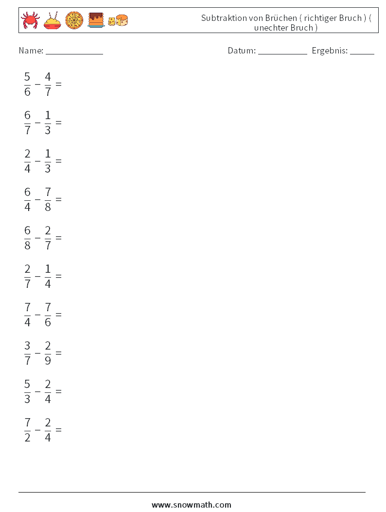 (10) Subtraktion von Brüchen ( richtiger Bruch ) ( unechter Bruch ) Mathe-Arbeitsblätter 15