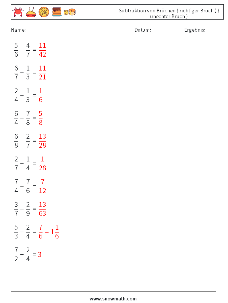 (10) Subtraktion von Brüchen ( richtiger Bruch ) ( unechter Bruch ) Mathe-Arbeitsblätter 15 Frage, Antwort