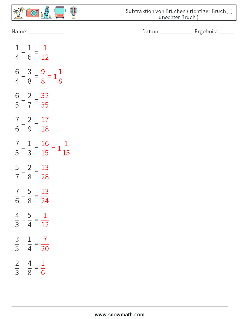 (10) Subtraktion von Brüchen ( richtiger Bruch ) ( unechter Bruch ) Mathe-Arbeitsblätter 16 Frage, Antwort