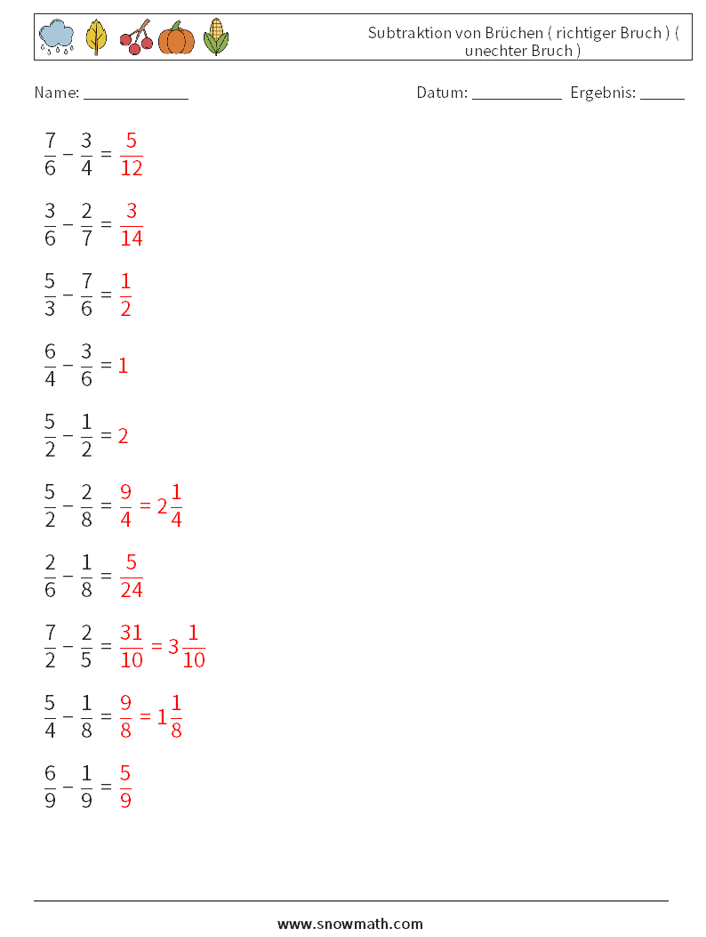 (10) Subtraktion von Brüchen ( richtiger Bruch ) ( unechter Bruch ) Mathe-Arbeitsblätter 17 Frage, Antwort